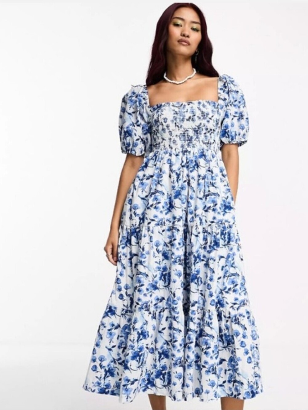 Abercrombie & Fitch Blue Floral Smocked Puff Sleeve Poplin Midi Dress XS NWOT